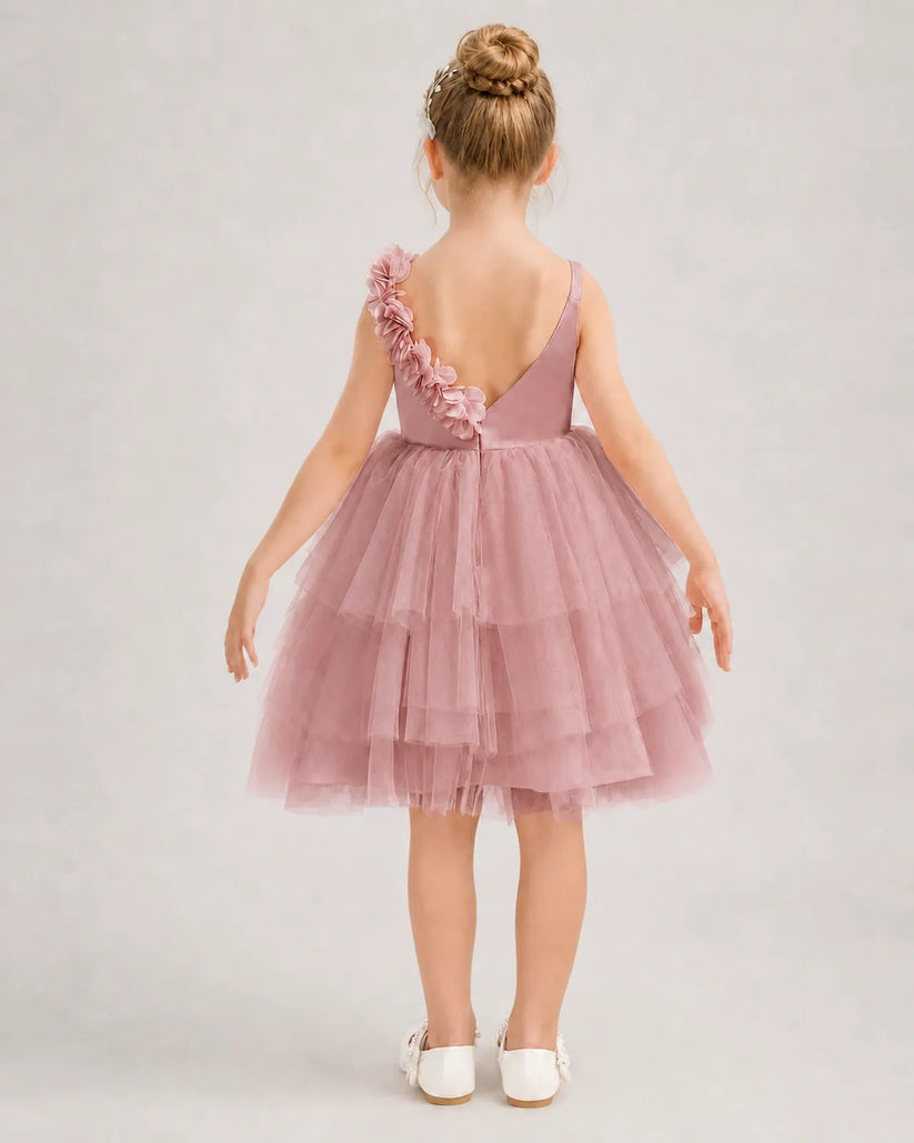 Dusty Rose Tulle A-line Girls Formal Dress Back View