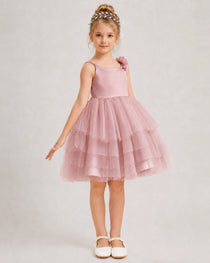 Dusty Rose Flower Girl Dress 3D Floral Tiered Short Tulle Gown Side View