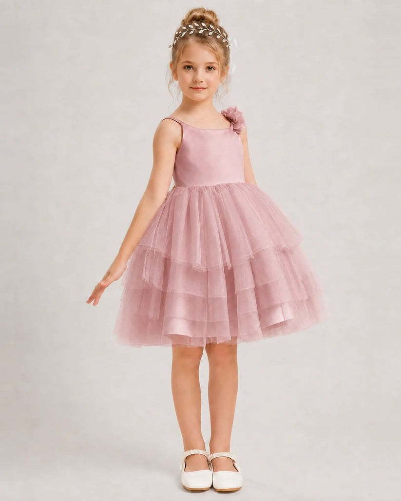 Dusty Rose Tulle A-line Girls Formal Dress Front View