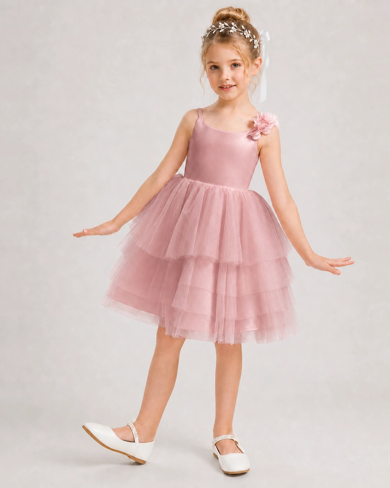 Dusty Rose Flower Girl Dress 3D Floral Tiered Short Tulle Gown Front View