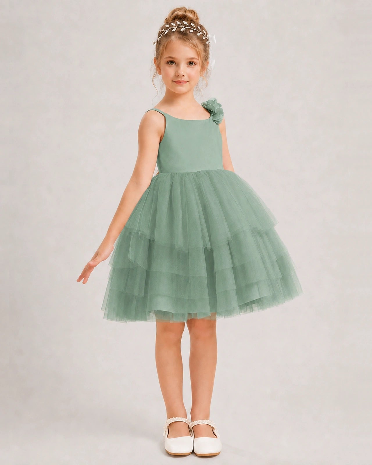 Eucalyptus Flower Girl Dress 3D Floral Tiered Short Tulle Gown Side View