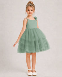 Eucalyptus Flower Girl Dress 3D Floral Tiered Short Tulle Gown Side View