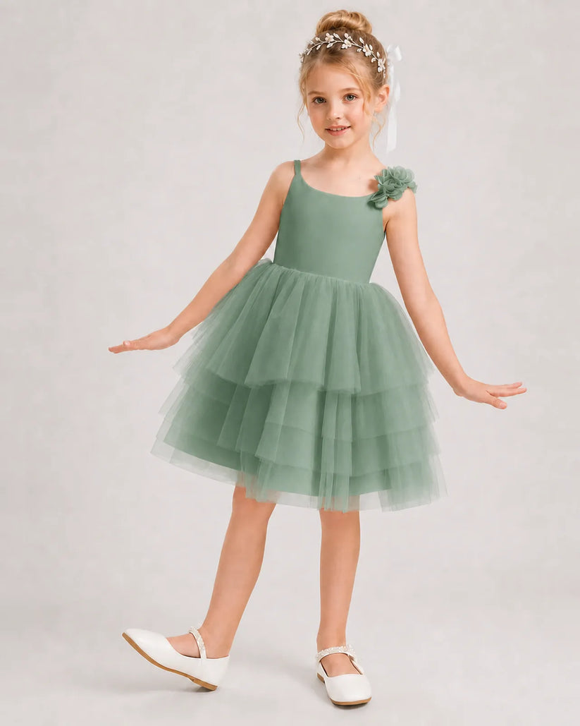 Eucalyptus Tulle A-line Girls Formal Dress Front View