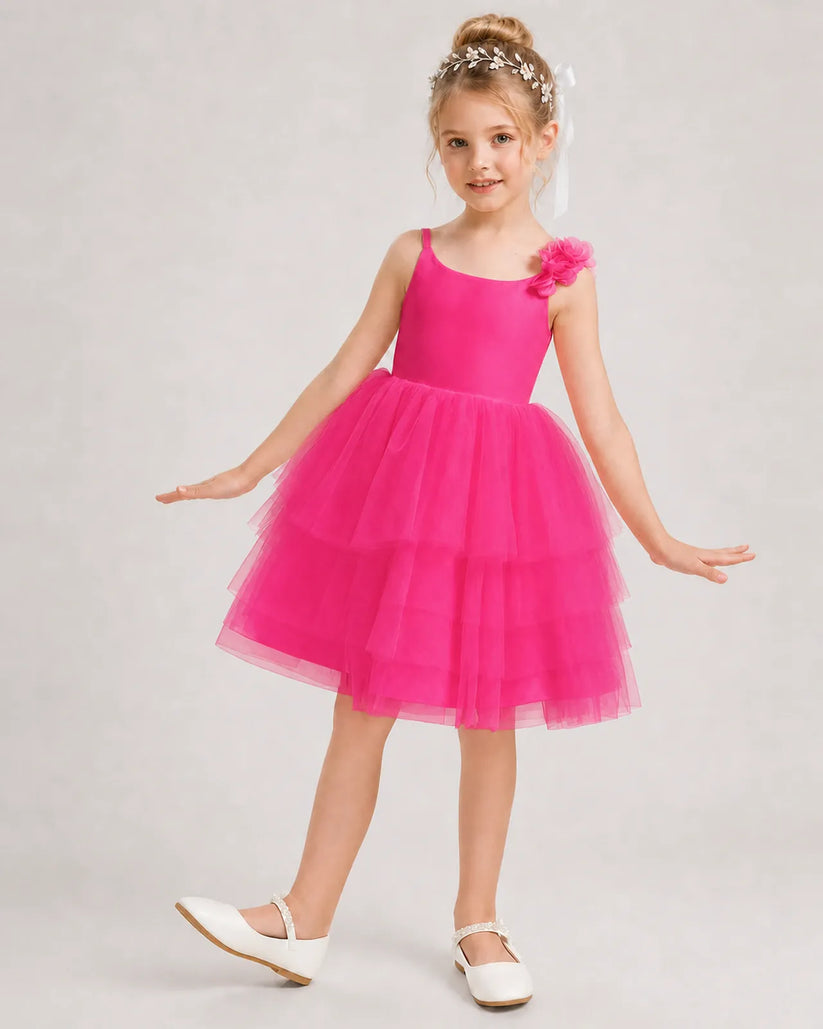 Hot Pink Tulle A-line Girls Formal Dress Front View