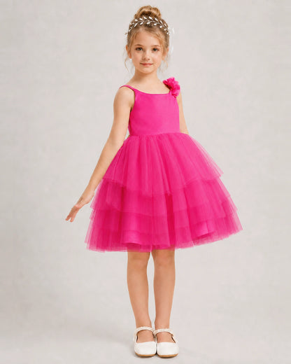 Hot Pink Flower Girl Dress 3D Floral Tiered Short Tulle Gown Side View