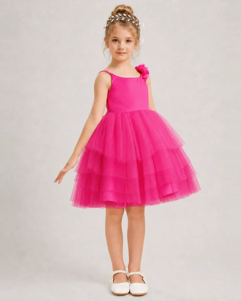 Hot Pink Tulle Ball Gown Girls Formal Dress Front View