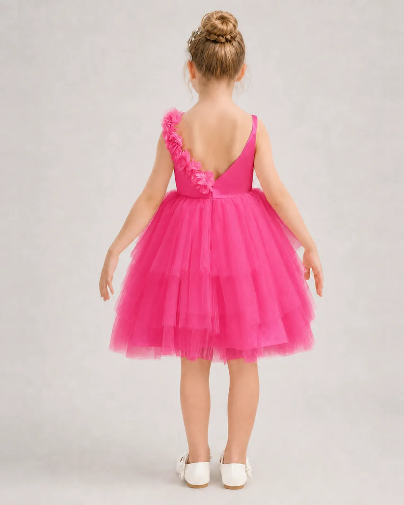 Hot Pink Tulle A-line Girls Formal Dress Back View