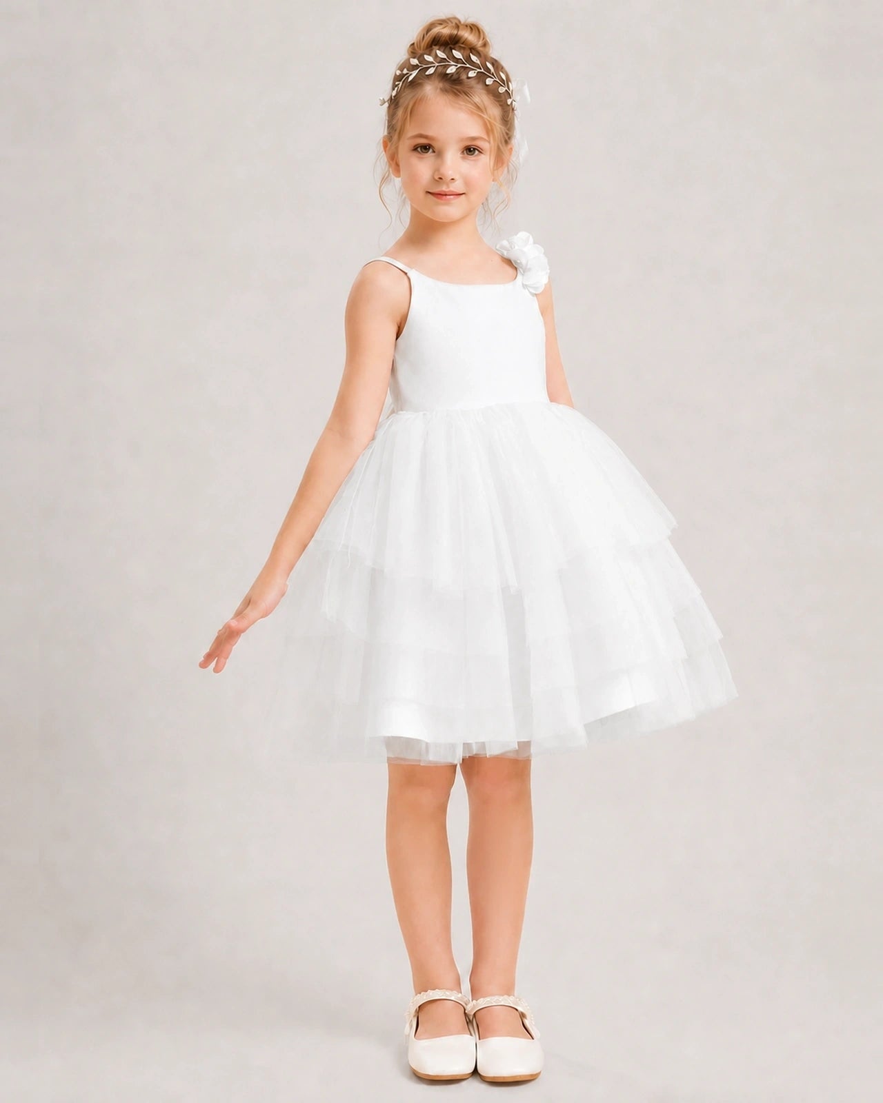 Ivory Flower Girl Dress 3D Floral Tiered Short Tulle Gown Side View