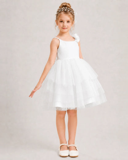 Ivory Flower Girl Dress 3D Floral Tiered Short Tulle Gown Side View