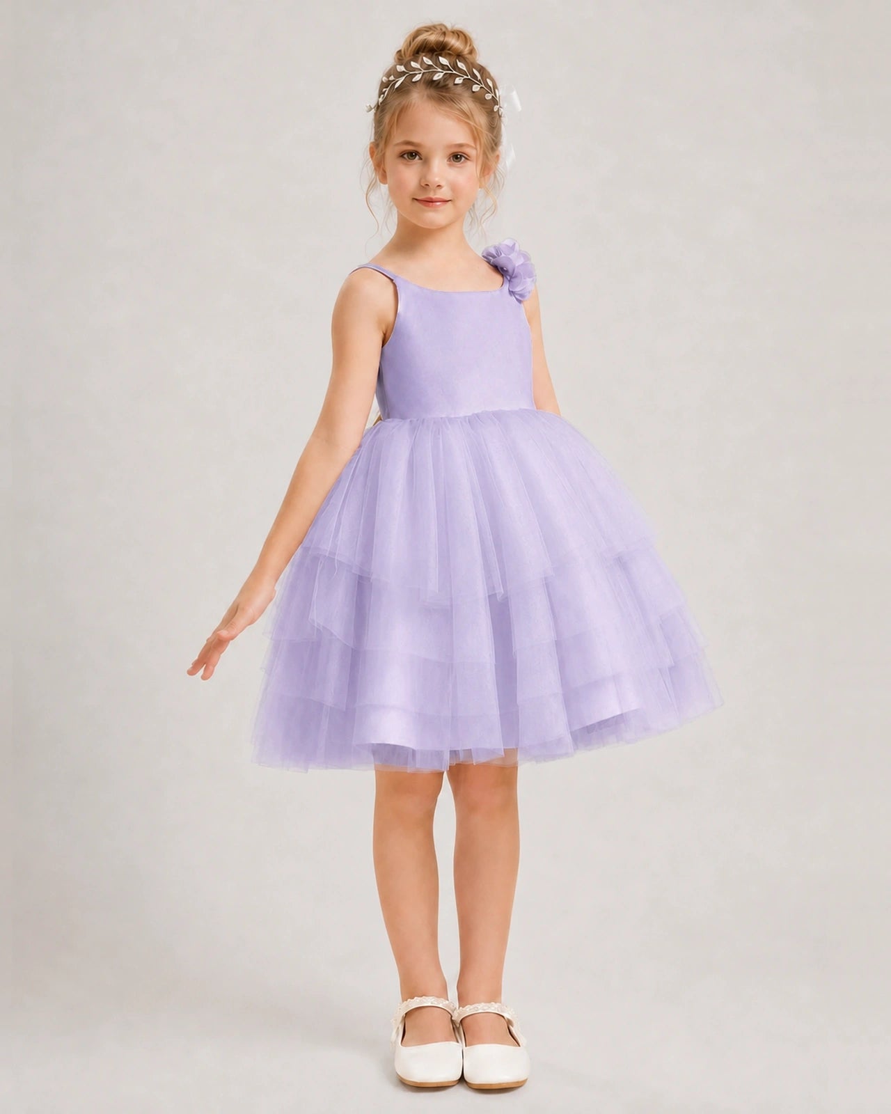 Lavender Flower Girl Dress 3D Floral Tiered Short Tulle Gown Side View
