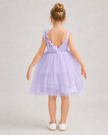 Lavender Flower Girl Dress 3D Floral Tiered Short Tulle Gown Back View