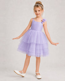 Lavender Flower Girl Dress 3D Floral Tiered Short Tulle Gown Front View