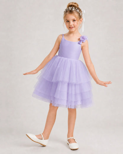 Lavender Flower Girl Dress 3D Floral Tiered Short Tulle Gown Front View