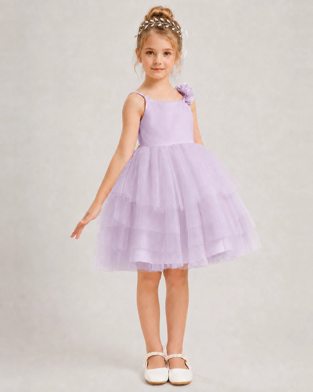 Lilac Flower Girl Dress 3D Floral Tiered Short Tulle Gown Side View