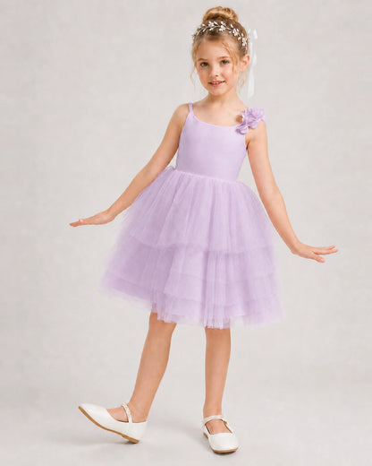 Lilac Flower Girl Dress 3D Floral Tiered Short Tulle Gown Front View