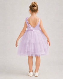 Lilac Flower Girl Dress 3D Floral Tiered Short Tulle Gown Back View