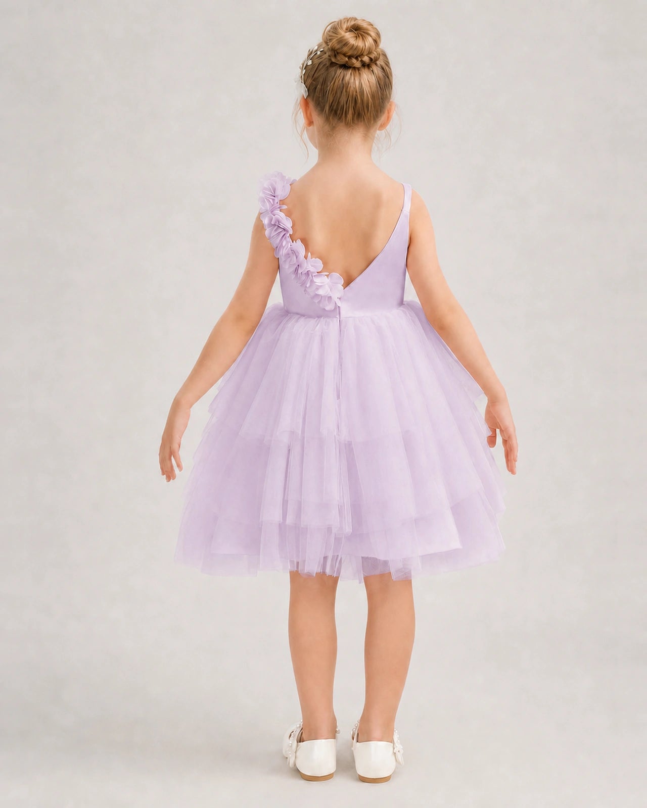 Lilac Flower Girl Dress 3D Floral Tiered Short Tulle Gown Back View