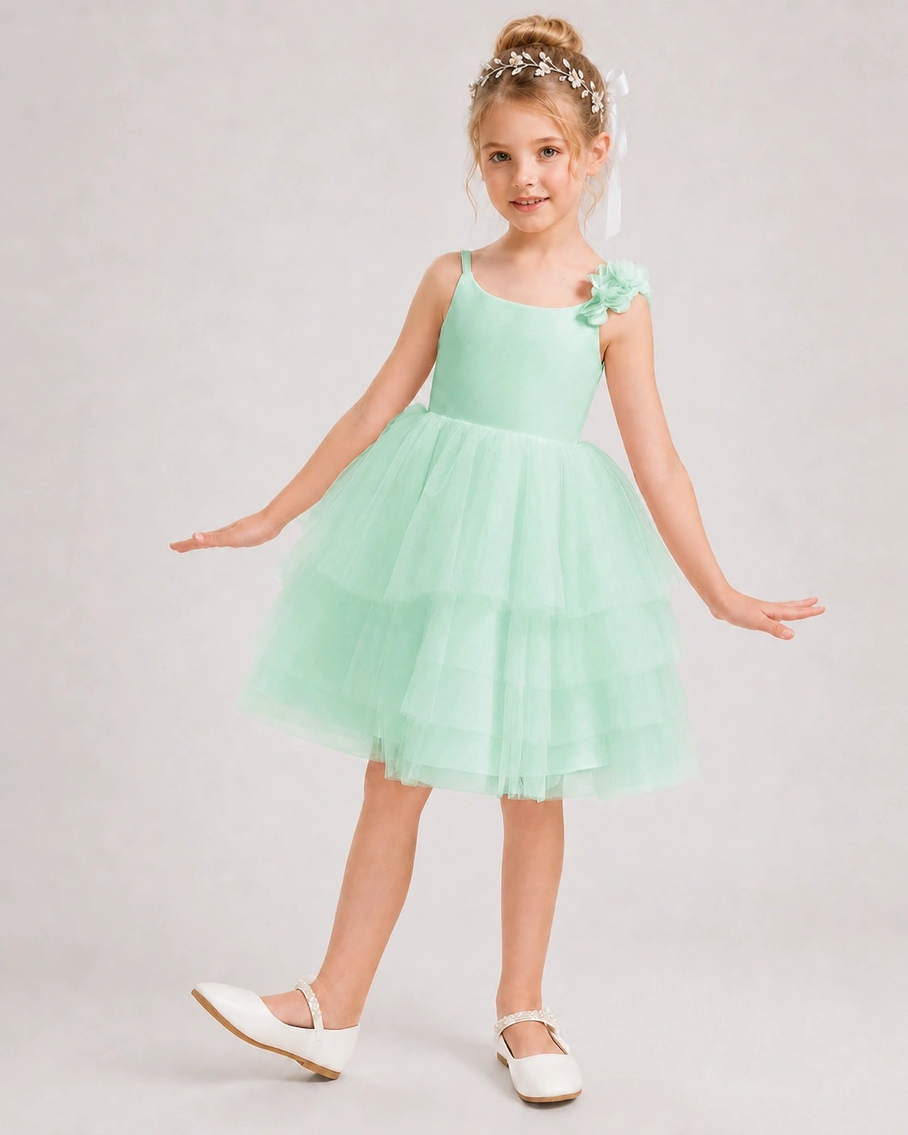 Mint Green Flower Girl Dress 3D Floral Tiered Short Tulle Gown Front View