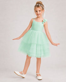Mint Green Flower Girl Dress 3D Floral Tiered Short Tulle Gown Front View