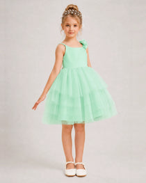 Mint Green Flower Girl Dress 3D Floral Tiered Short Tulle Gown Side View