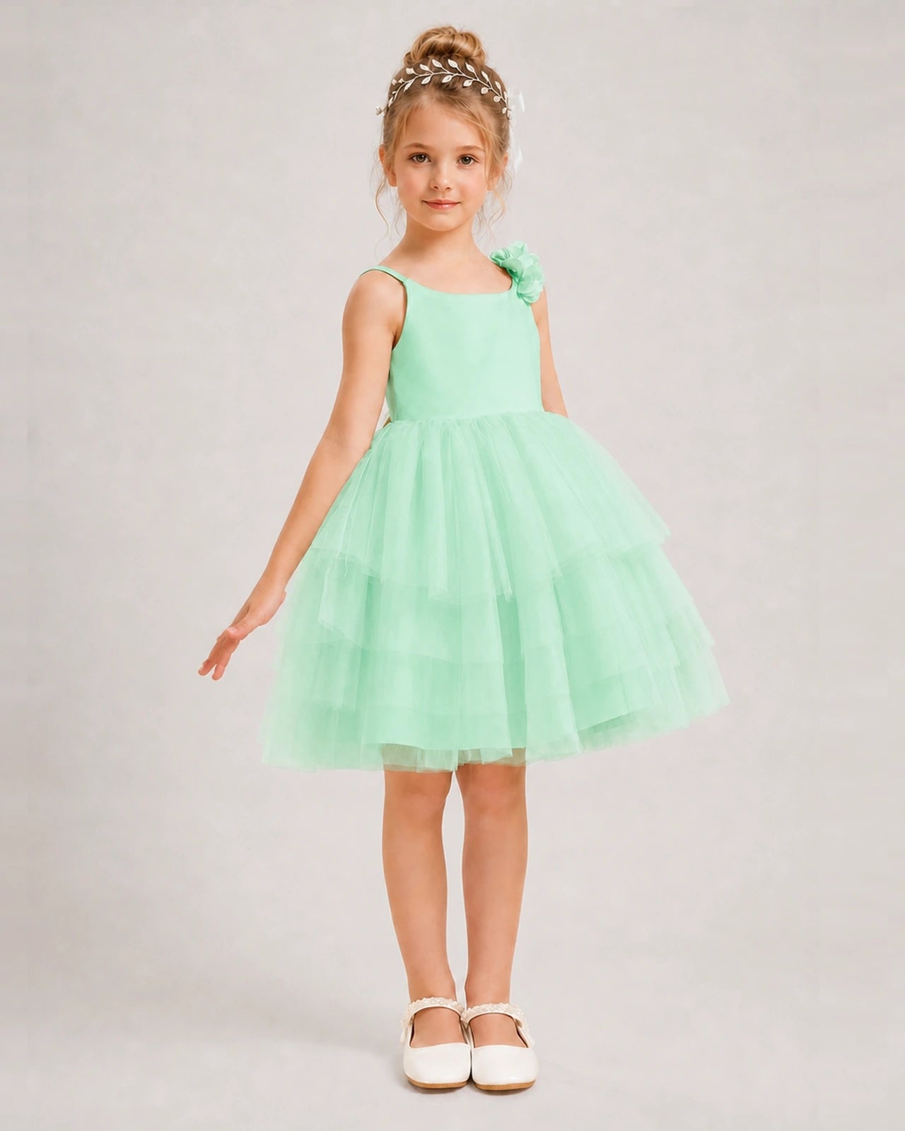 Mint Green Flower Girl Dress 3D Floral Tiered Short Tulle Gown Side View
