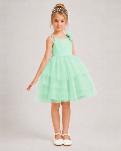 Mint Green Flower Girl Dress 3D Floral Tiered Short Tulle Gown Side View