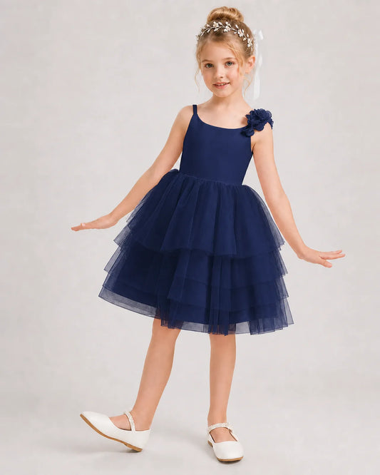 Navy Blue Tulle A-line Girls Formal Dress Front View