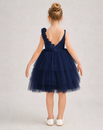 Navy Blue Flower Girl Dress 3D Floral Tiered Short Tulle Gown Back View