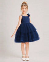 Navy Blue Tulle A-line Girls Formal Dress Front View