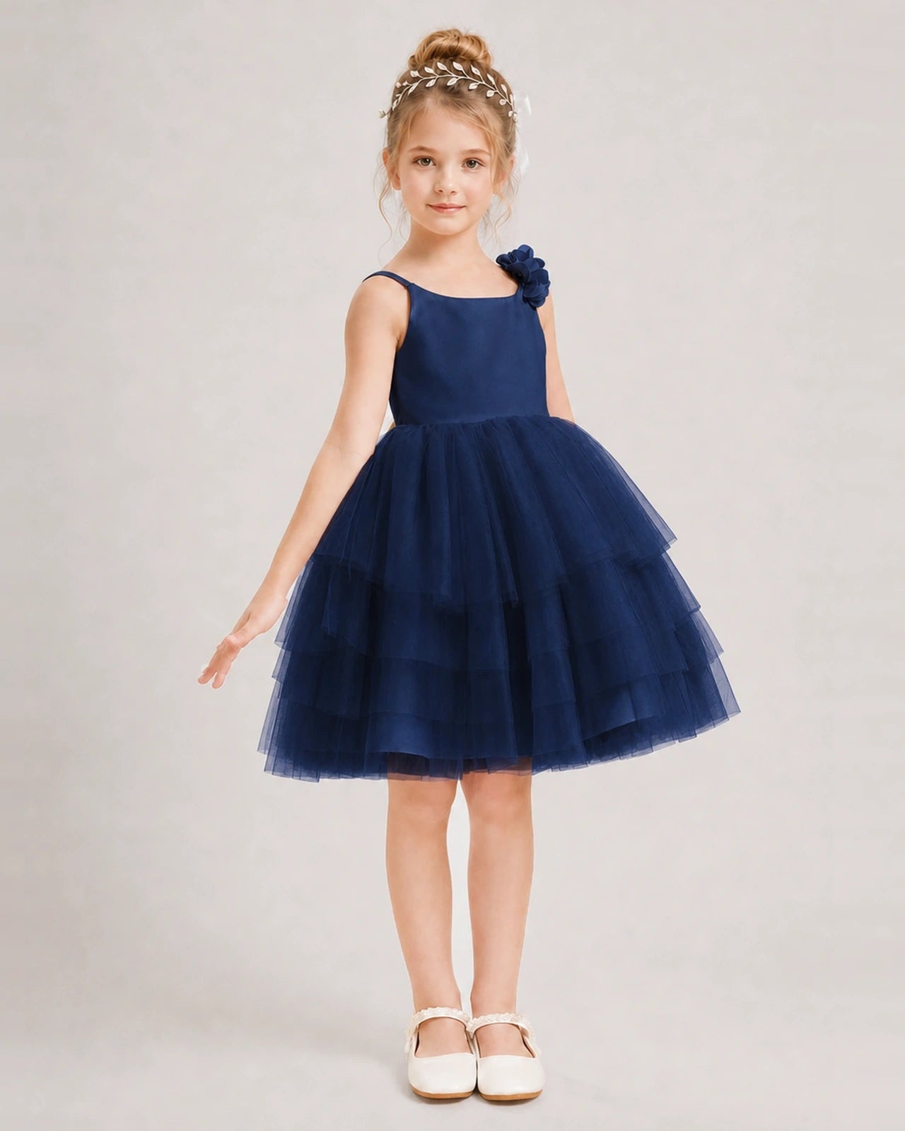 Navy Blue Flower Girl Dress 3D Floral Tiered Short Tulle Gown Side View