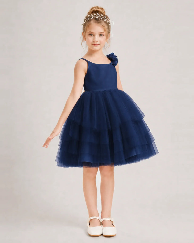 Navy Blue Tulle A-line Girls Formal Dress Front View