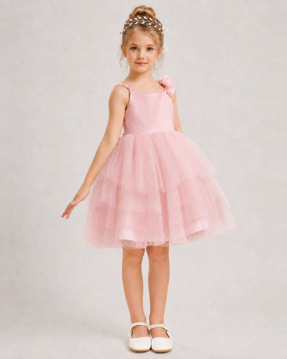 Pink Flower Girl Dress 3D Floral Tiered Short Tulle Gown Side View