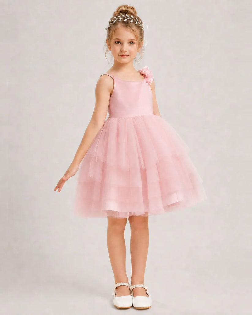 Pink Tulle A-line Girls Formal Dress Front View