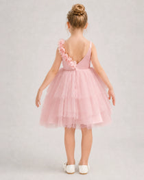 Pink Flower Girl Dress 3D Floral Tiered Short Tulle Gown Back View