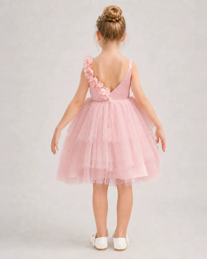 Pink Flower Girl Dress 3D Floral Tiered Short Tulle Gown Back View