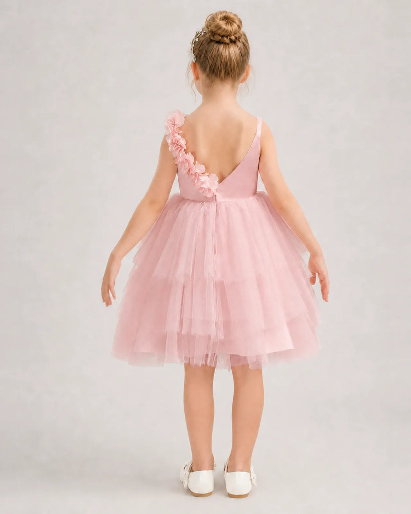Pink Tulle A-line Girls Formal Dress Back View