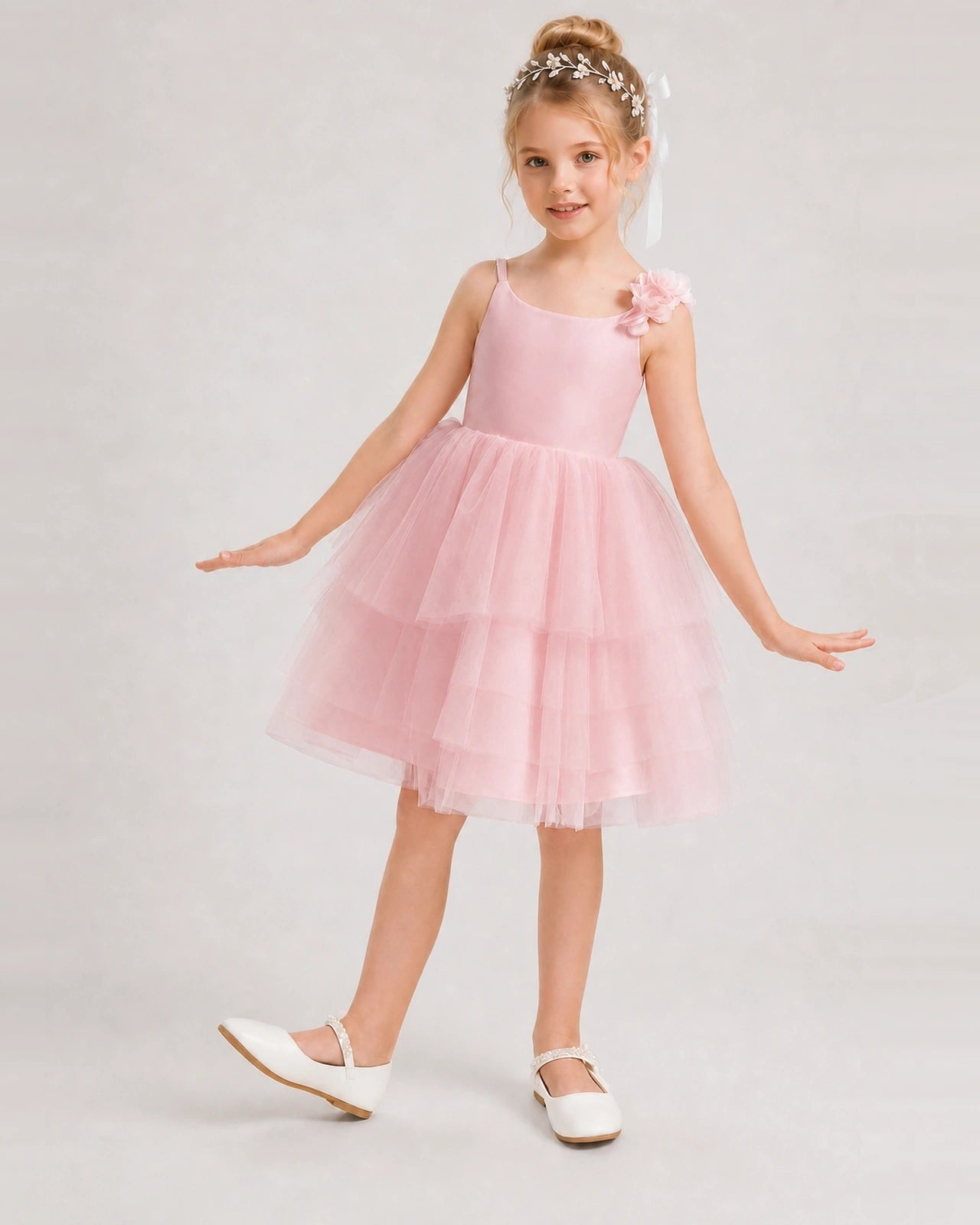 Pink Flower Girl Dress 3D Floral Tiered Short Tulle Gown Front View