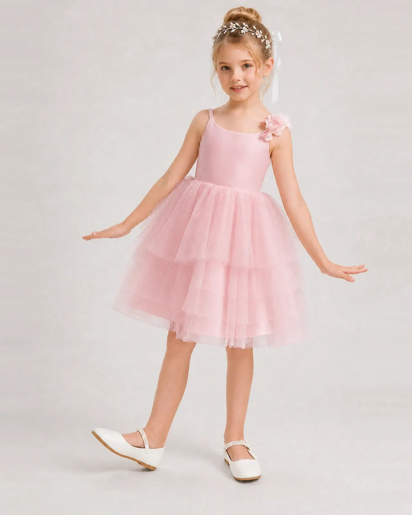 Pink Tulle A-line Girls Formal Dress Front View
