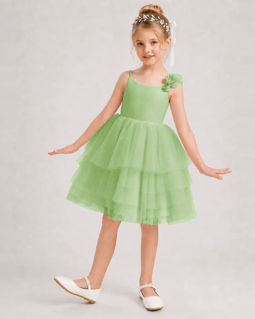 Sage Green Tulle A-line Girls Formal Dress Front View
