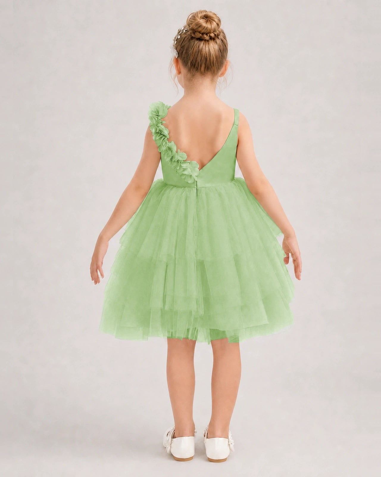 Sage Green Flower Girl Dress 3D Floral Tiered Short Tulle Gown Back View