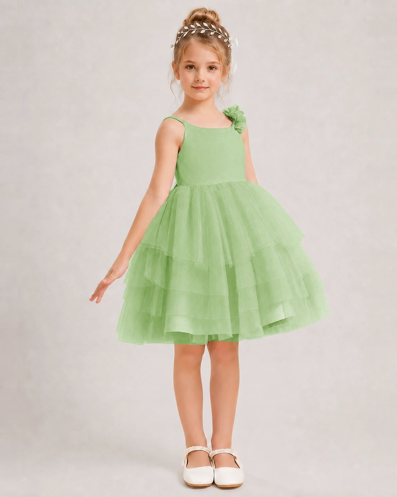 Sage Green Flower Girl Dress 3D Floral Tiered Short Tulle Gown Side View