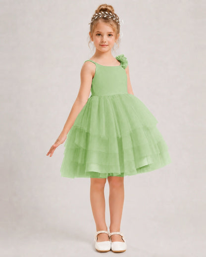 Sage Green Flower Girl Dress 3D Floral Tiered Short Tulle Gown Side View