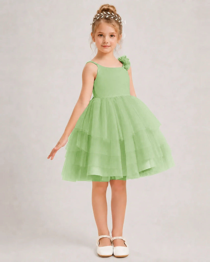 Sage Green Tulle A-line Girls Formal Dress Front View