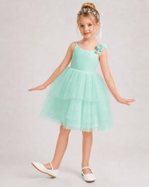Turquoise Flower Girl Dress 3D Floral Tiered Short Tulle Gown Front View