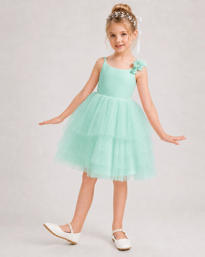 Turquoise Flower Girl Dress 3D Floral Tiered Short Tulle Gown Front View