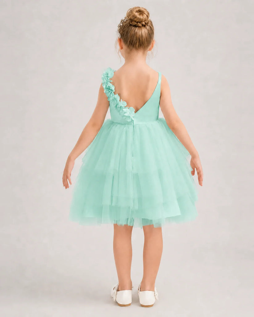 Turquoise Tulle A-line Girls Formal Dress Back View