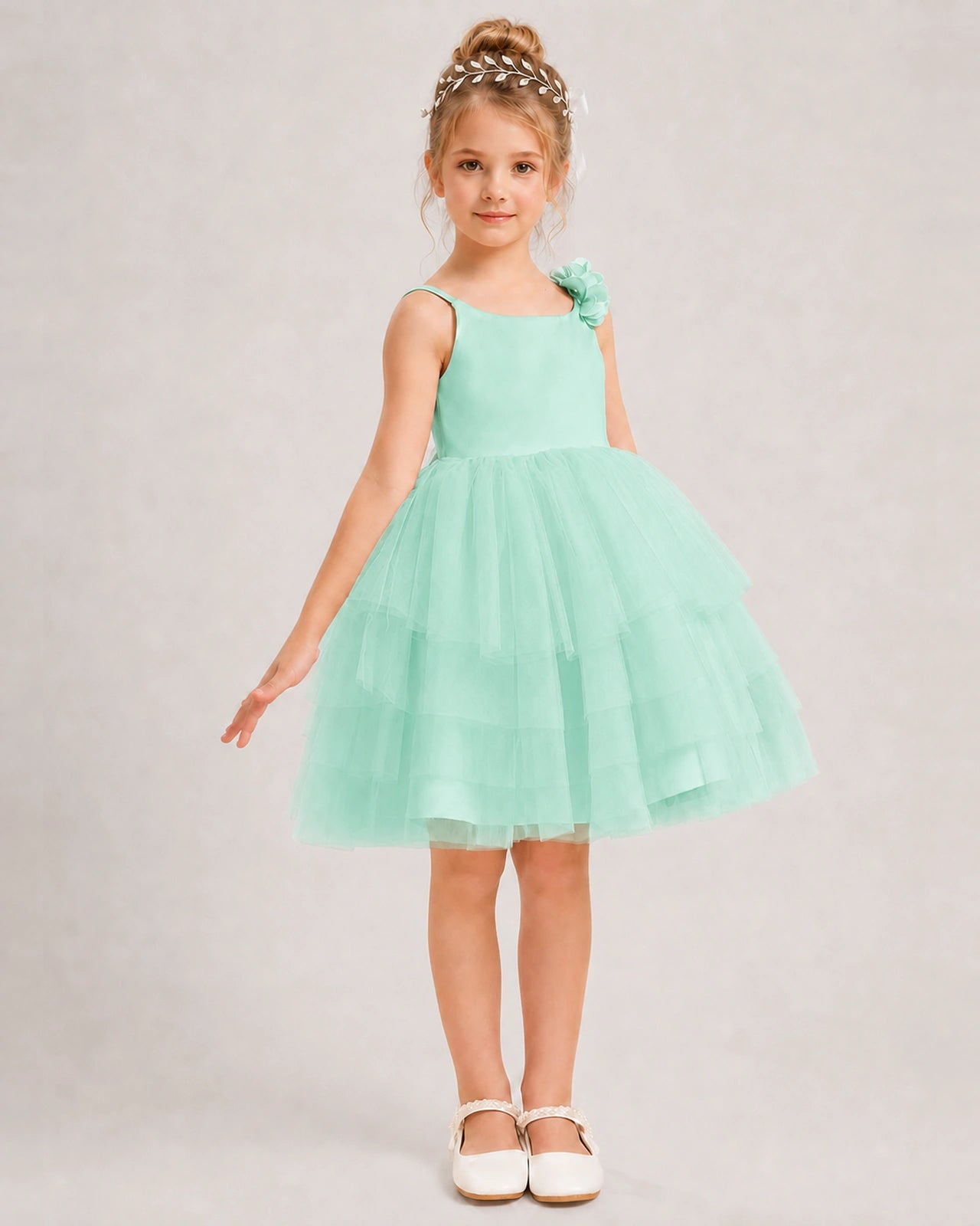 Turquoise Flower Girl Dress 3D Floral Tiered Short Tulle Gown Side View
