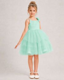 Turquoise Flower Girl Dress 3D Floral Tiered Short Tulle Gown Side View