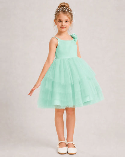 Turquoise Flower Girl Dress 3D Floral Tiered Short Tulle Gown Side View
