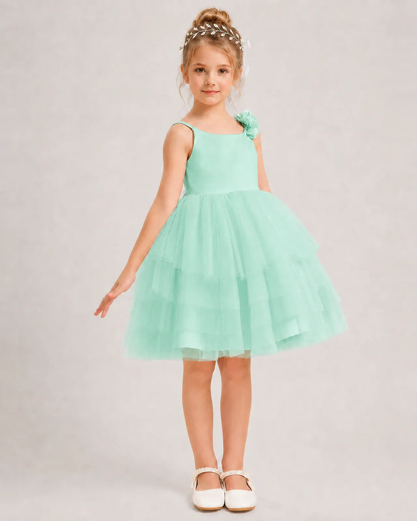 Turquoise Tulle A-line Girls Formal Dress Front View
